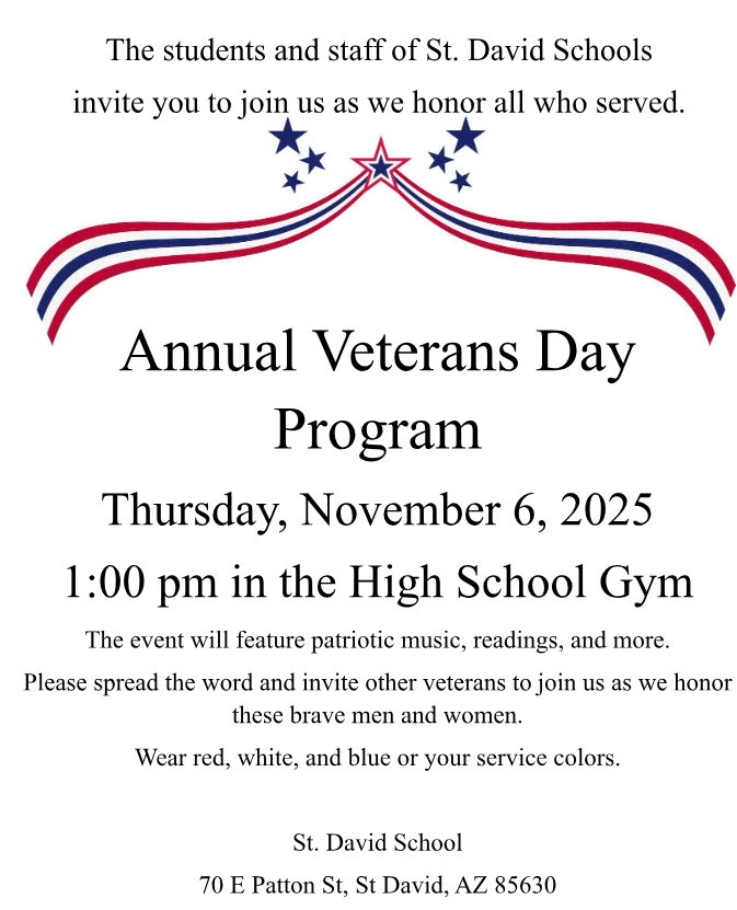 Annual Veterans Day Program Thursday November 6 2025 1:00 pm in the High School Gym