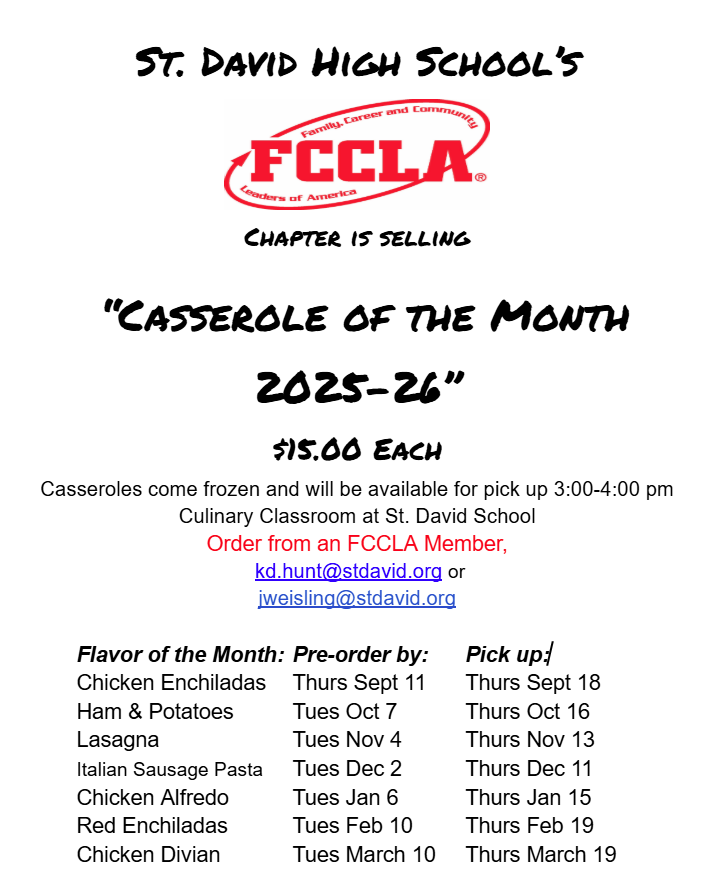 FCCLA Casserole of the Month $15 Each. casseroles come frozen and will be available for pick up 3-4 pm Thursday Feb. 19