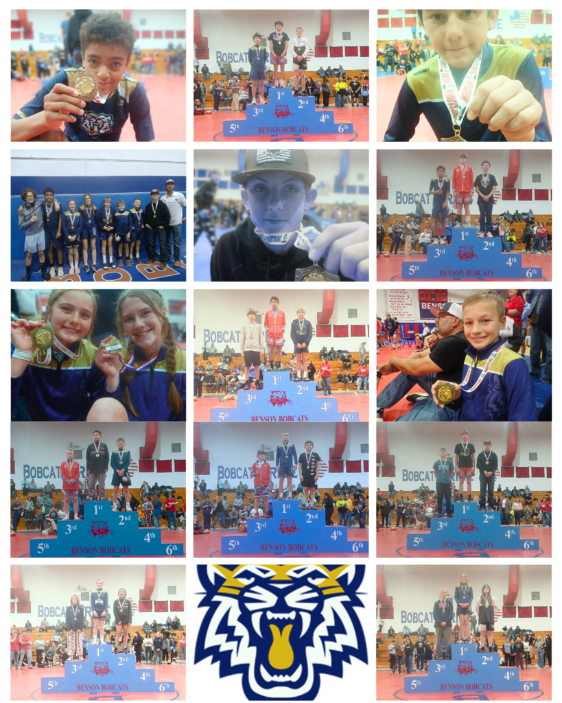 Collage of wrestlers on podiums and holding medals, cropped for instagram