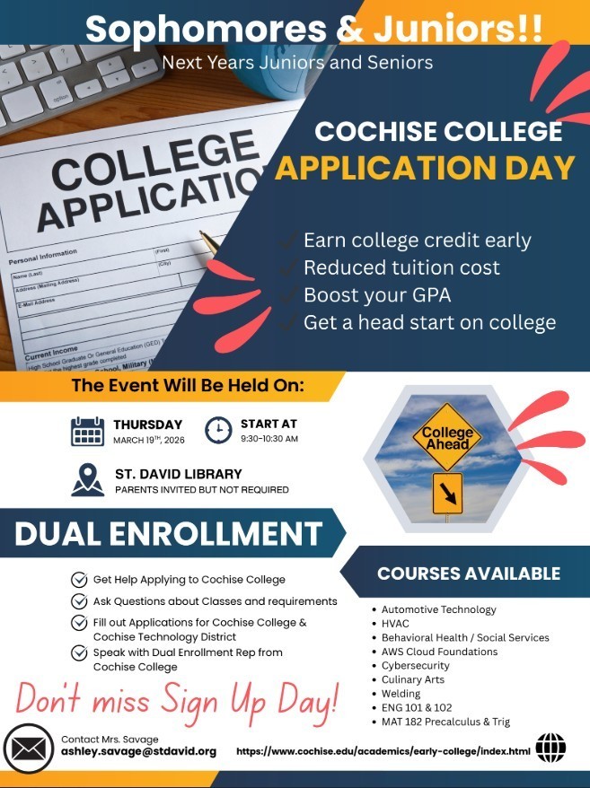 Don't miss Cochise College Application Day Thursday March 19 in St. David School Library