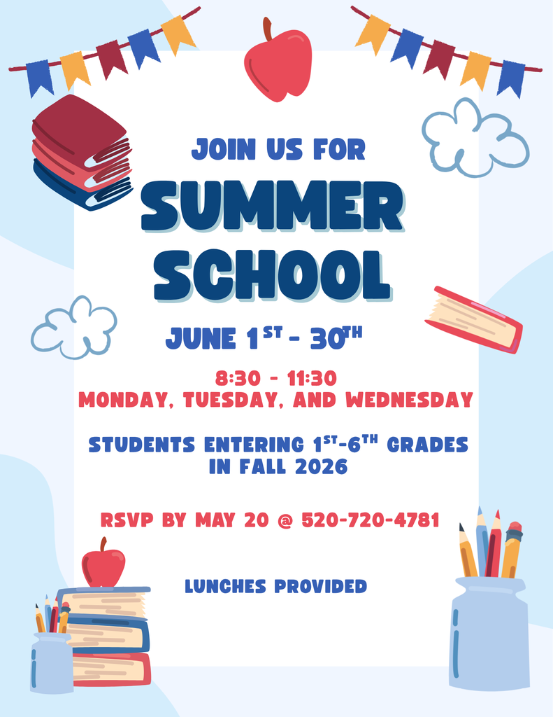 Join us for Summer School June 1-30, 2026 3:30-11:30 Monday-Tuesday-Wednesday for students entering 1-6th grade in fall 2026. RSVP by May 20 