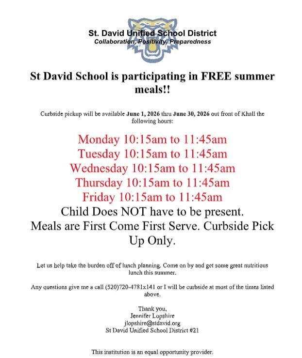 Free meals for kids June 2026 St. David School Monday through Friday 10:15 am to 11:45 am