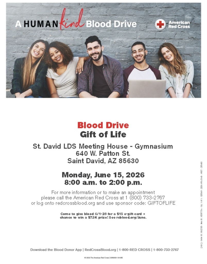 Blood Drive Gift of Life St. David Meeting House 640 W Patton St Monday June 15 8 AM to 2pm