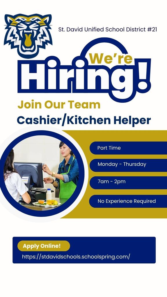 We're hiring! Join our Team! Cafeteria Cashier/Kitchen Helper Part time Monday-Thursday 7am -2 pm