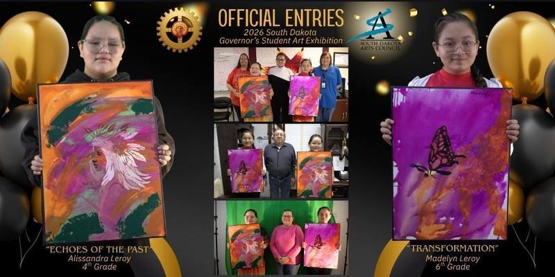 Students with art work.