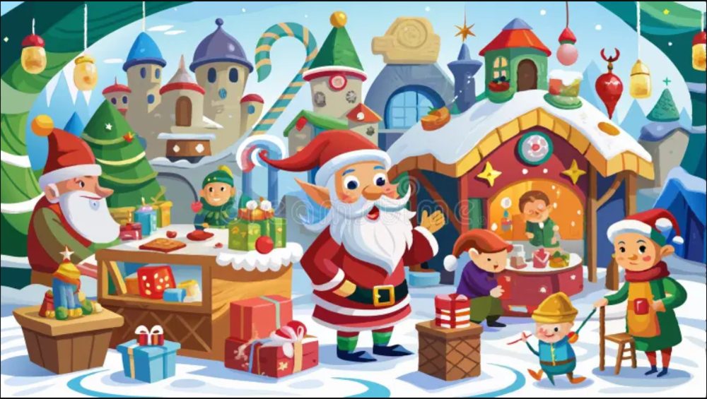 An image of Santa at the North Pole with elves and a workshop