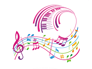A swirl of brightly colored music notes