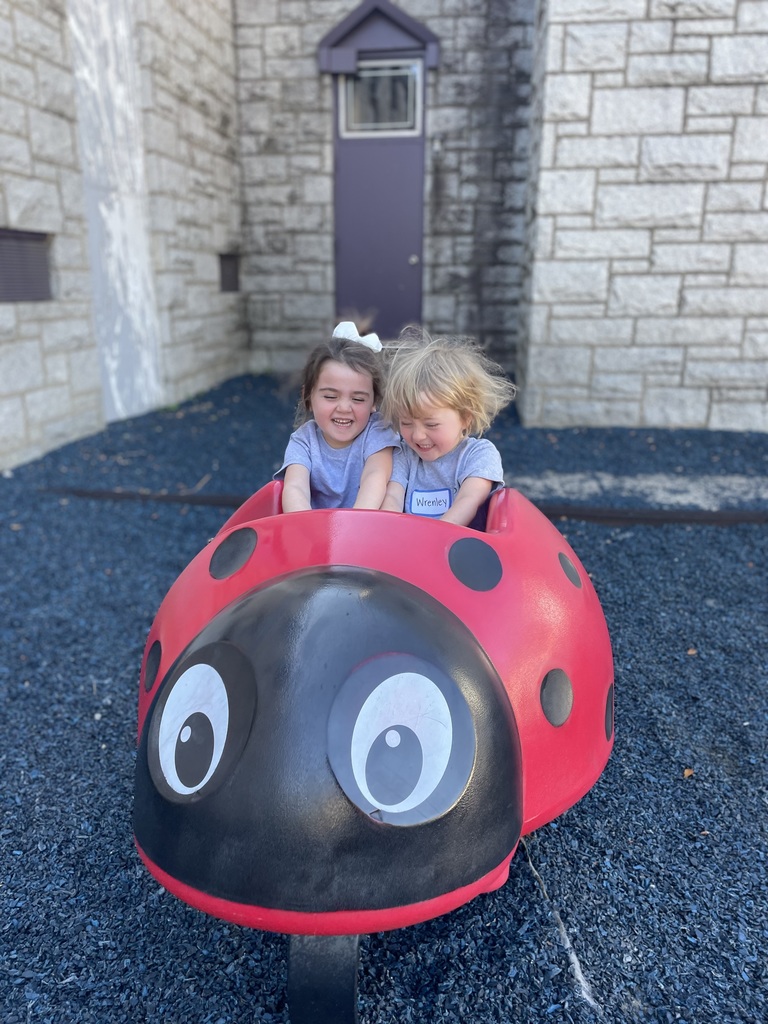 Two pre-school students in ladybug playground equipment