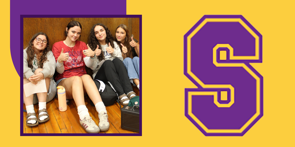 cover photo of four female students smiling during Drama Club auditions