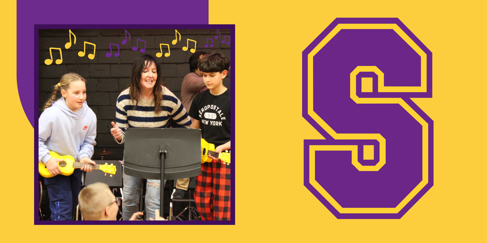 students and teacher singing while playing ukuleles