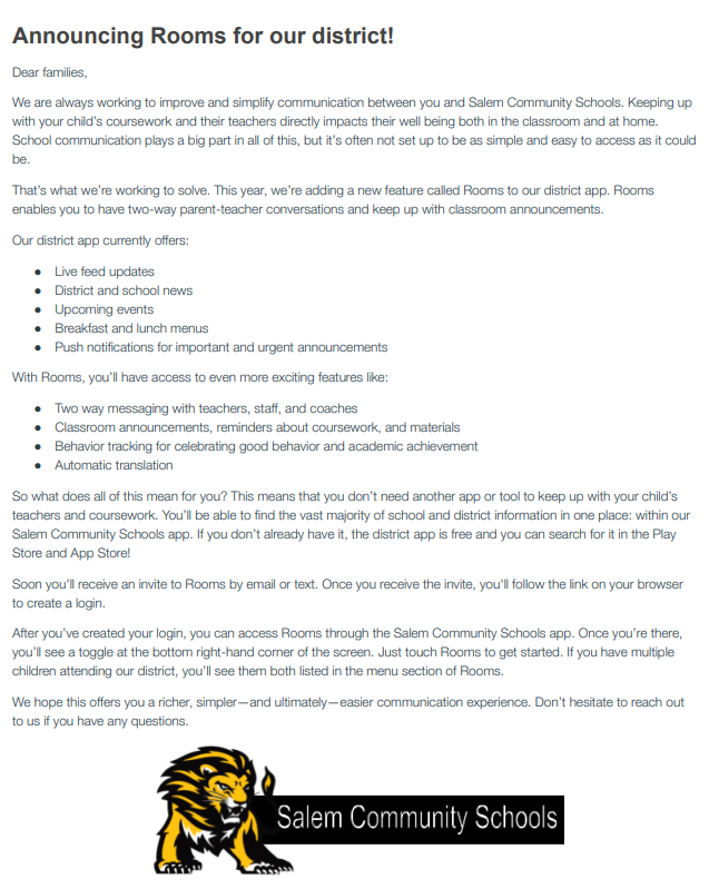 This is a letter to parents and guardians explaining that Rooms will be added to the Salem Schools app.