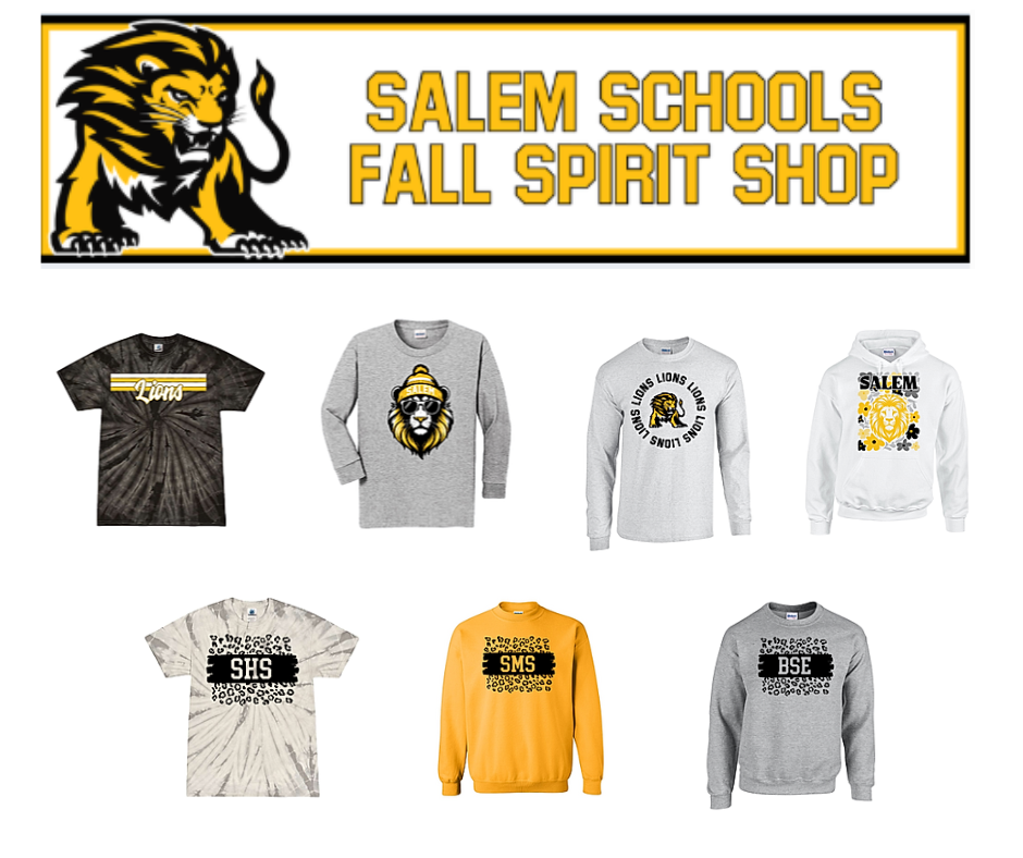 Salem Schools Fall Spirit Shop for BSE Counselor Fund. Several different designs of tshirt and sweatshirts availablle.