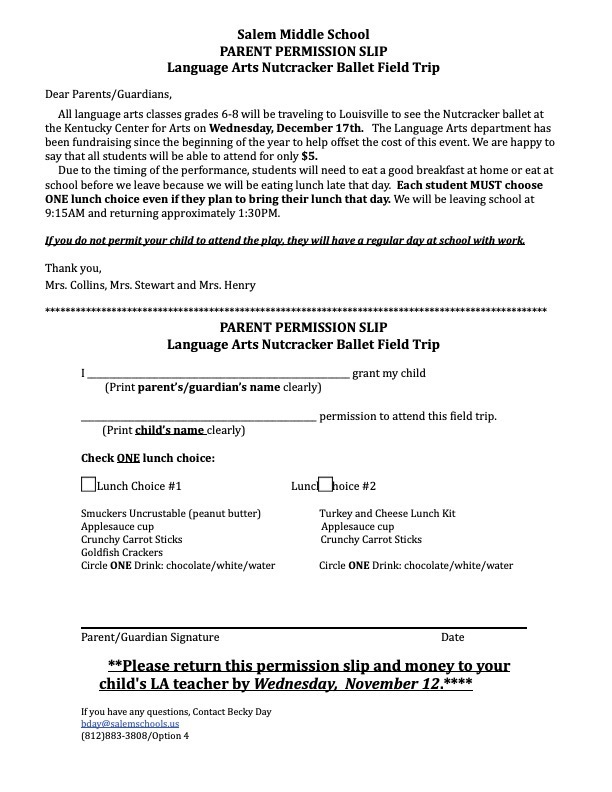 Permission form for the nutcracker