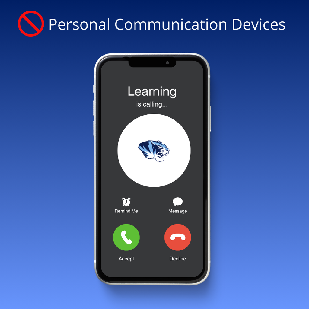 No personal communication devices text displayed on a gradient blue background with an iphone saying Learning is calling...
