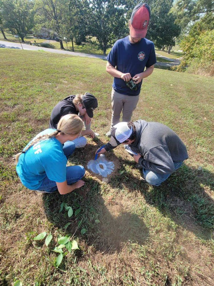 Ecology students making a water still