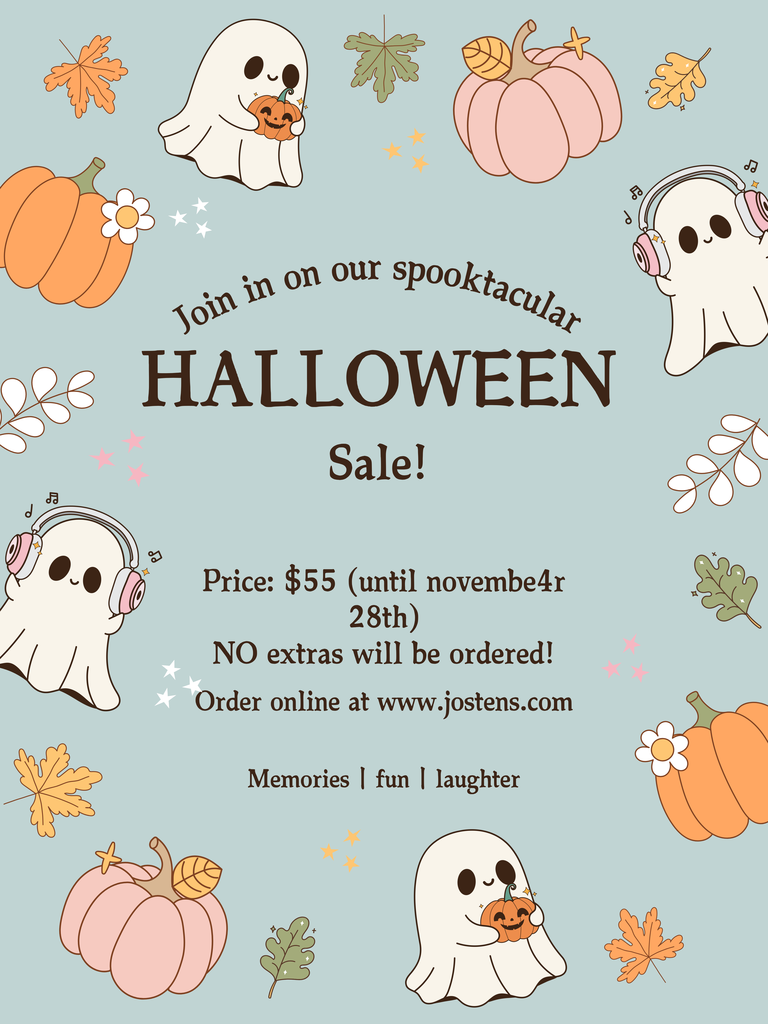 This is a Halloween inspired Yearbook advertisement has illustrations of ghosts carrying pumpkins or wearing headphones. 