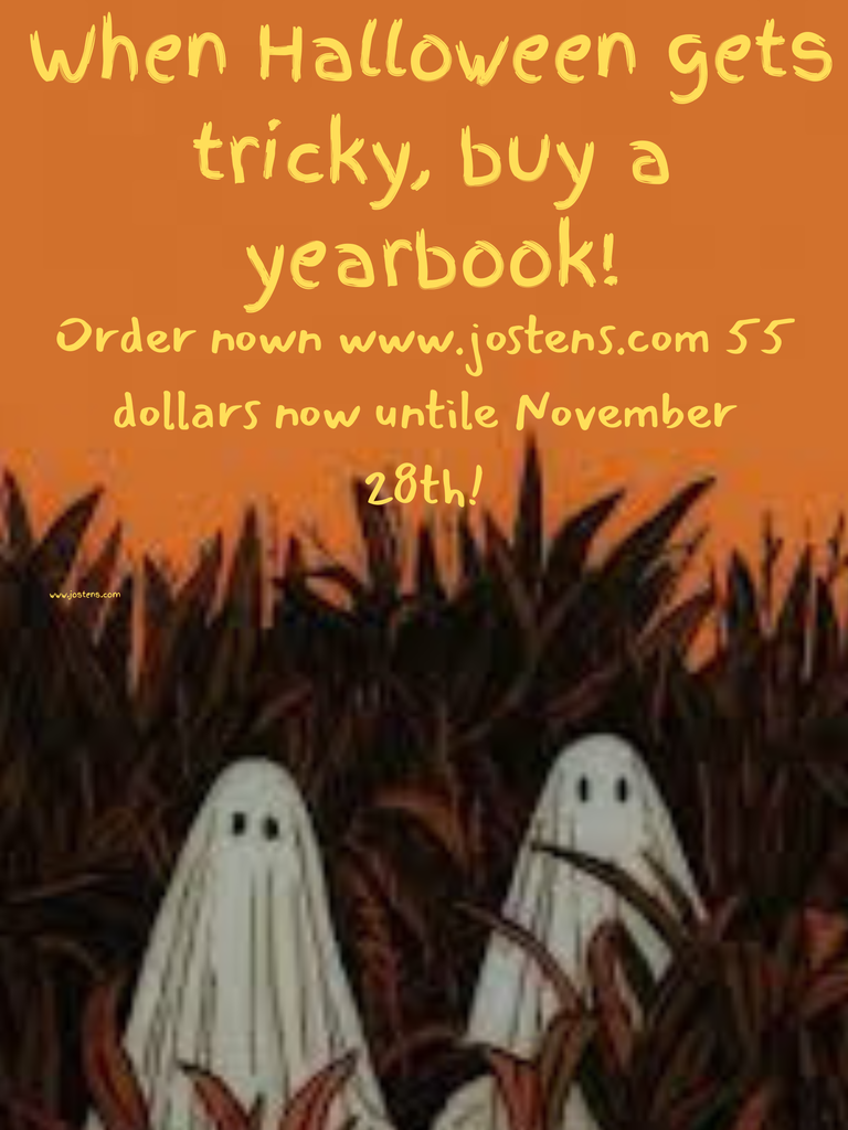 This Halloween inspired Yearbook advertisement has illustrations of spooky ghosts hiding in the weeds.