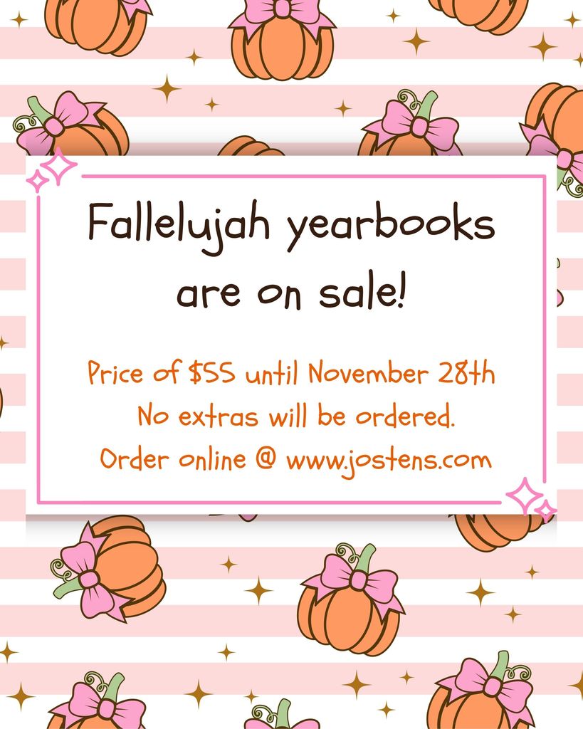 This is a fall-inspired yearbook advertisement that features a pink striped background with bow topped orange pumpkins and gold stars.