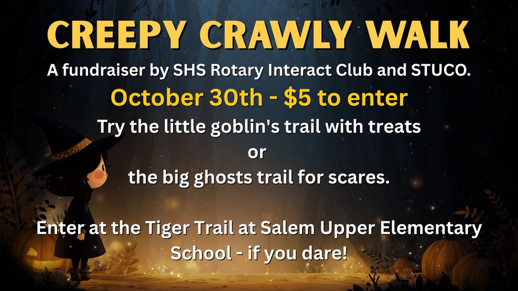 This is a photo of a girl dressed up in a witches costume in a spooky forest with the message in front of the picture.