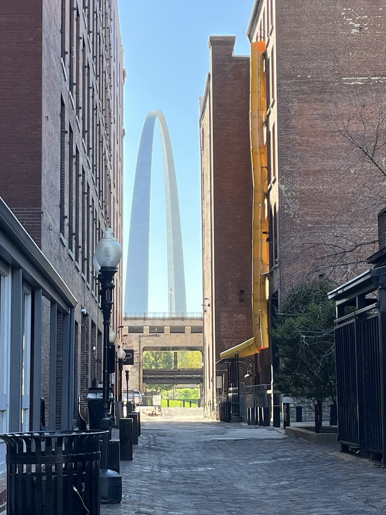 This is a picture of the St. Louis arch peeking through the buildings.