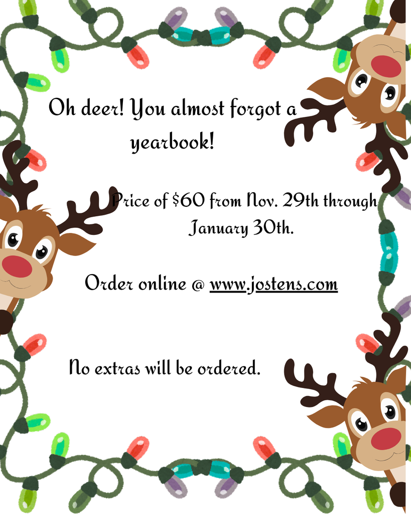 This is an advertisement for yearbook sales with a border of reindeer and holiday lights.