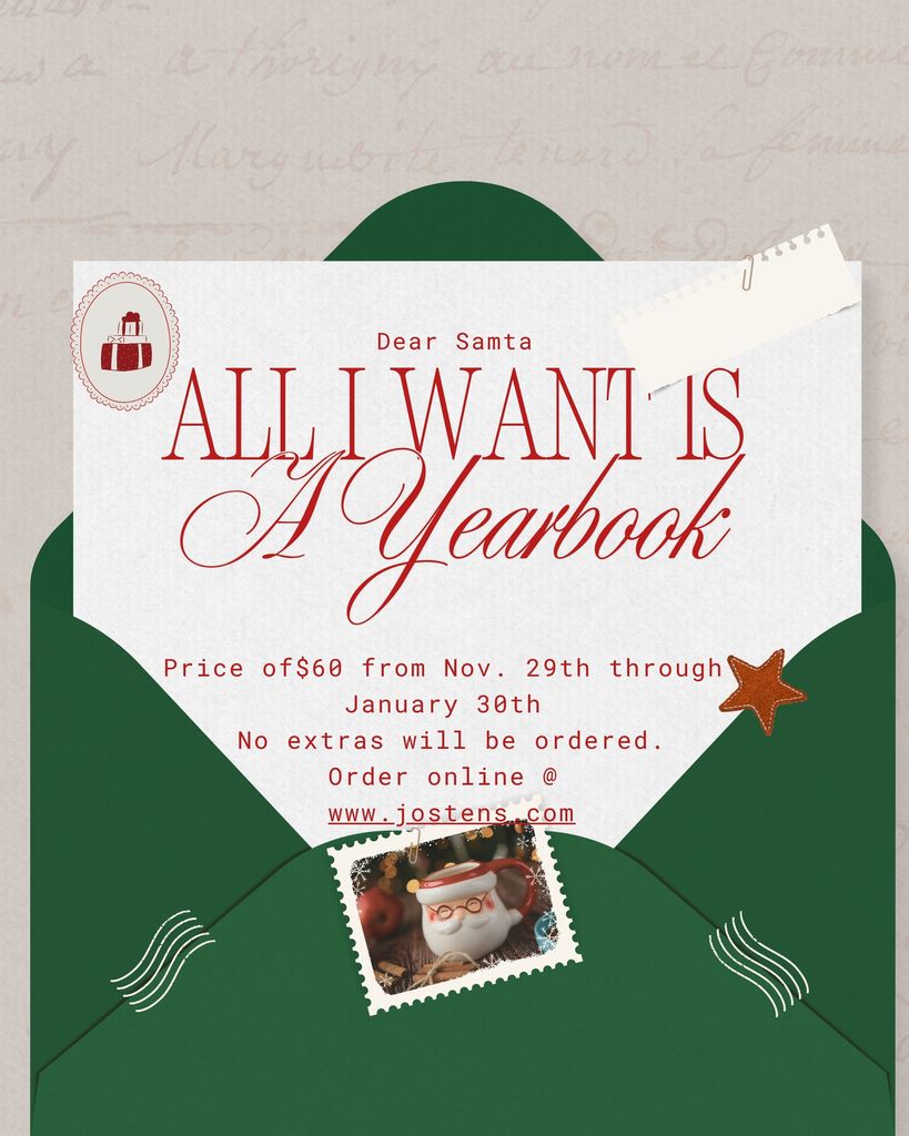 This is a picture of a letter to Santa in a green envelope asking for a 2026 yearbook.