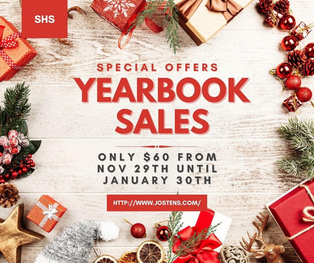 This is a yearbook sales poster with holiday presents and ornaments scattered around the border.