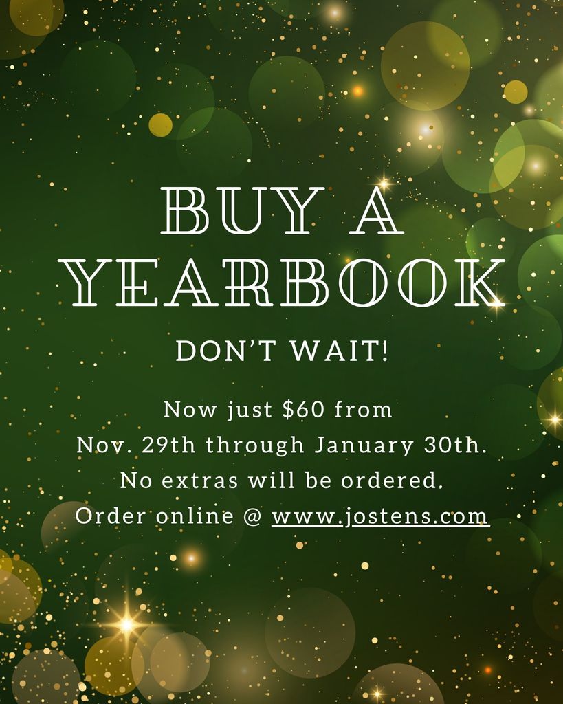 This is a yearbook sales poster on a green background with gold glittery spots.