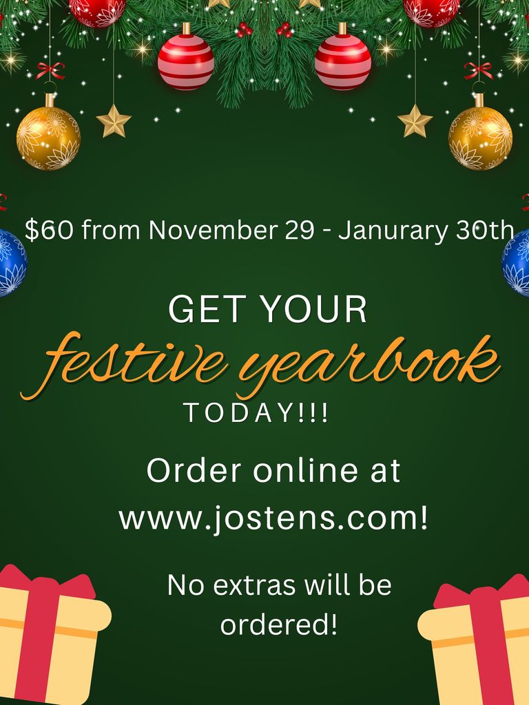 This is a holiday poster with presents and ornaments sharing information about buying a yearbook.