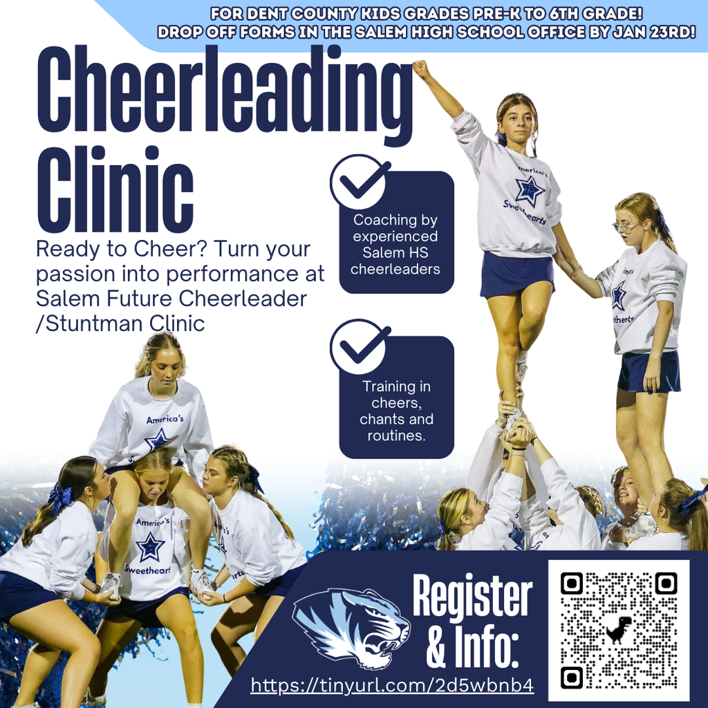 This is a flyer picturing SHS cheerleaders. It includes a QR code to register for the Cheer Clinic.