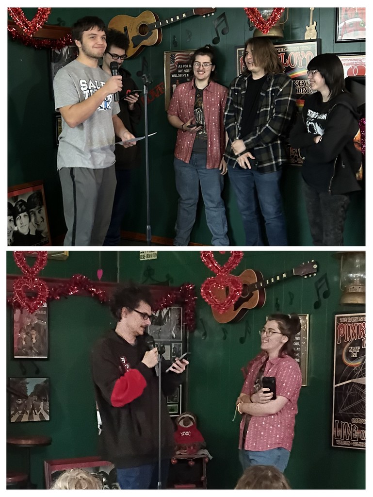 Two different frames with two different groups of students performing poetry on stage