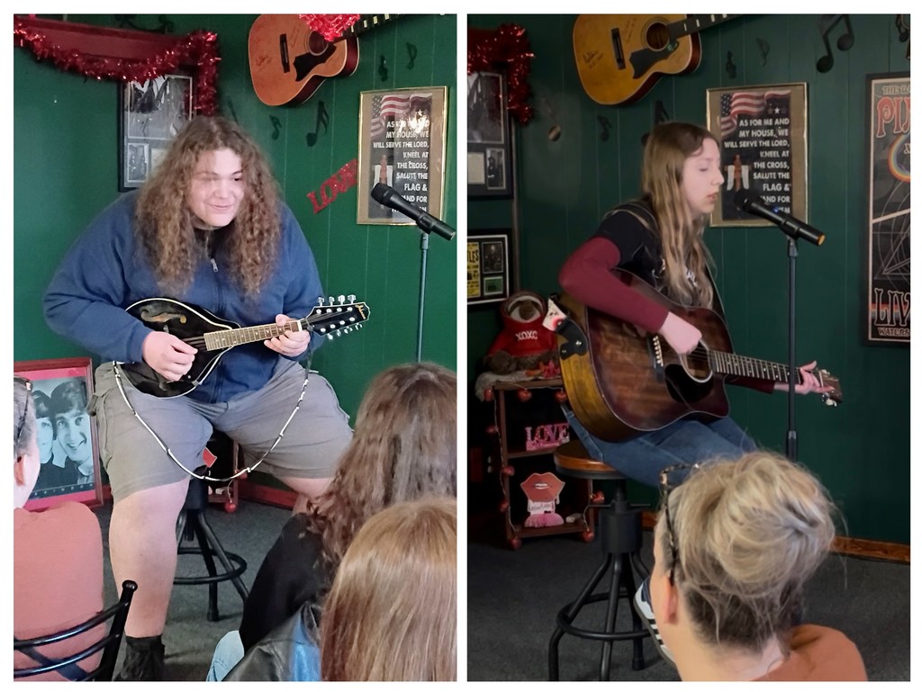 Two frames with two students performing songs on string instruments 