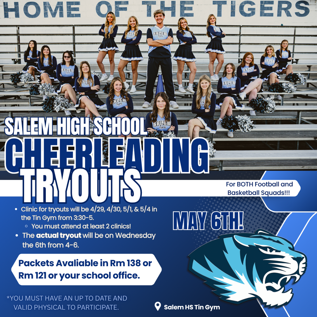 This blue and white flyer features a photo of the 2025 SHS Football cheer squad. Underneath is information about tryouts and a photo of our mascot.