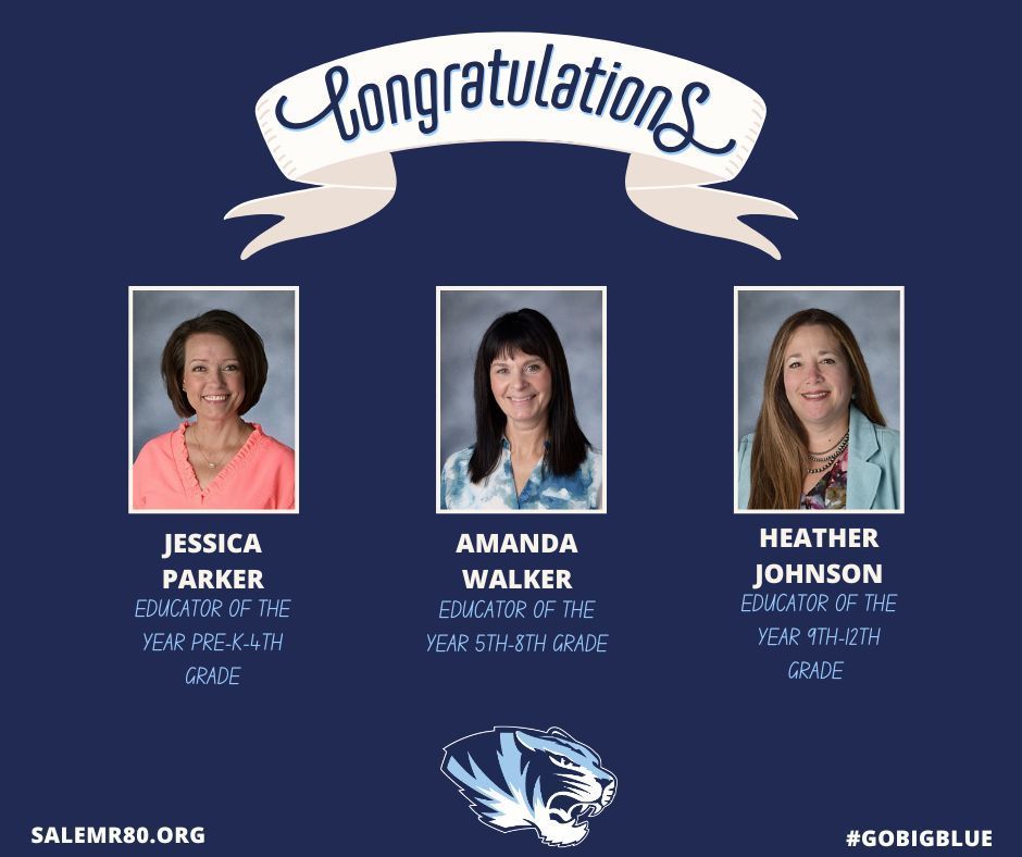 Congrats to Jessica Parker: Educator of the year Pk-4, Amanda Walker Educator of the Year 5-8 and Heather Johnson Educator of the Year 9-12.