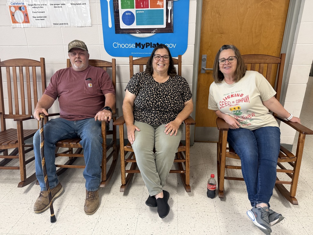 Salem R-80 retirees, Rowdy Mackley, Yvi Presley and Hazel Krewson, sit in their rocking chairs.