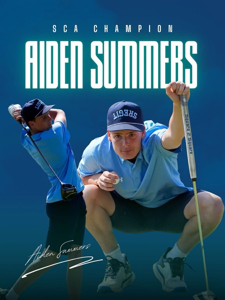SCA Champion Aiden summers holding a golf flag and swinging a club