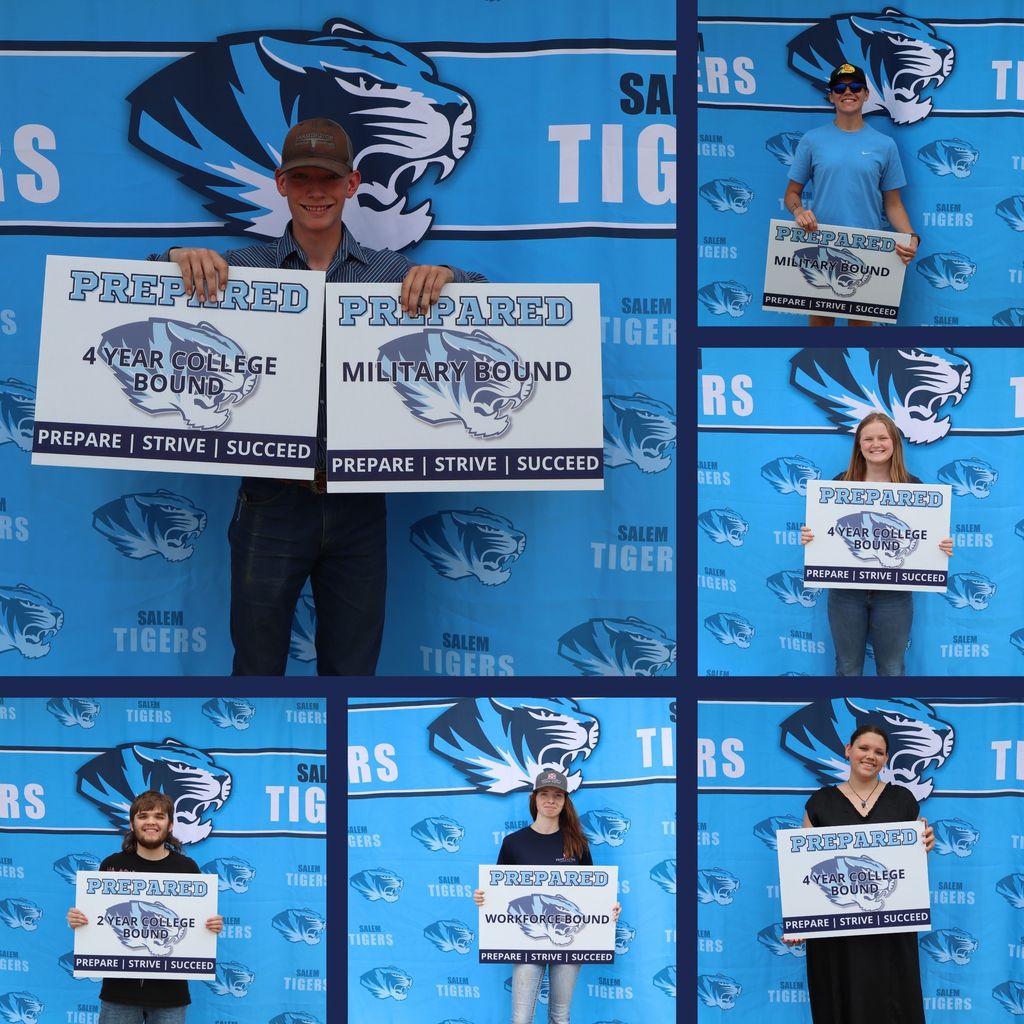 Mason Hawn, Jordan Herling, Makenna Faulkner, Porter Seay, Alexis Blankenship, and Harlee Marill hold up photos declaring their post graduation plans in front of a blue Salem Tiger background.