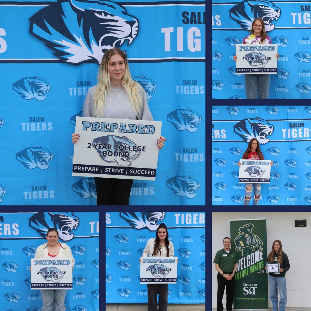 Olivia French, Taylor Fulton, Rebekah Pipp, Ave Wofford, Jovee Gollaher, and Hayley Freeman hold up photos declaring their post graduation plans in front of a blue Salem Tiger background.