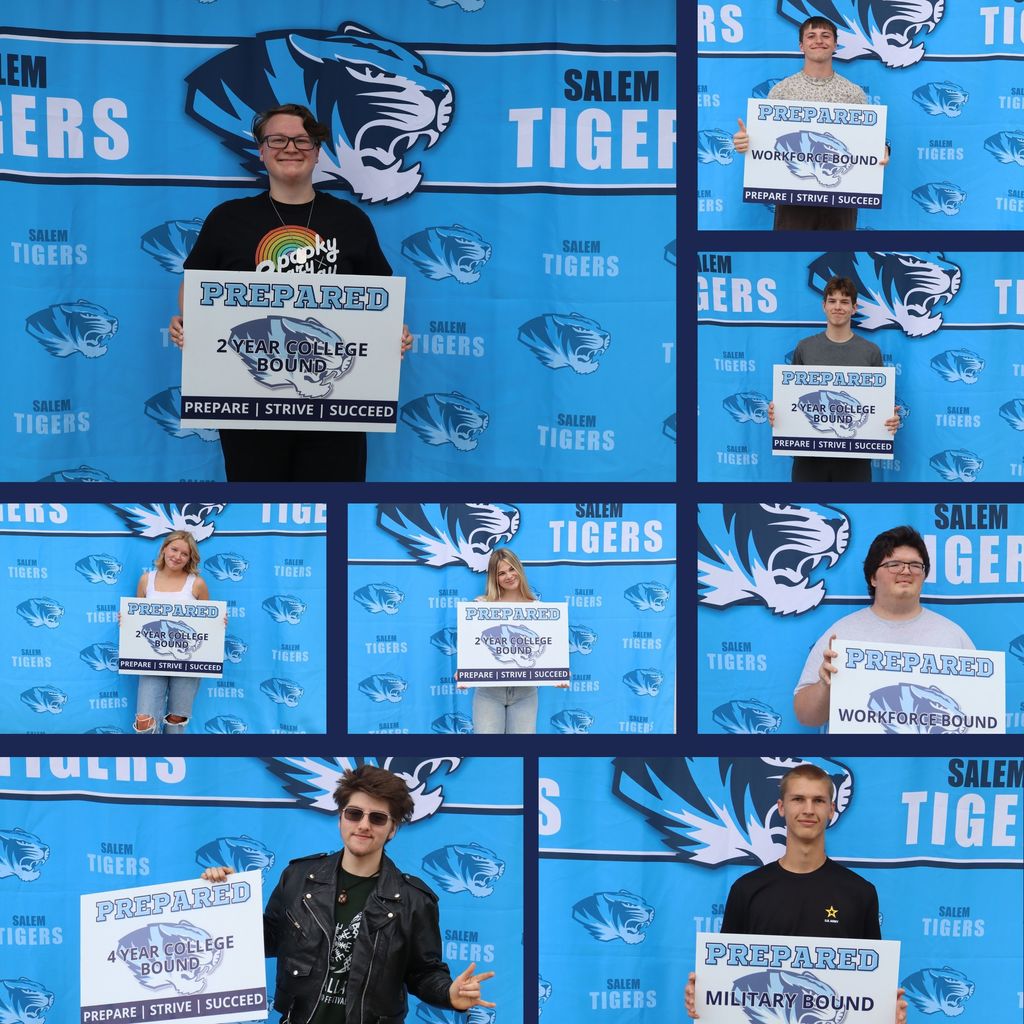 David Sites, Ira Barton, Matthew Koontz, Melina Hawn, Sydney Warden, Chris Farris, Knox Smith, and Nicholas Thies hold up photos declaring their post graduation plans in front of a blue Salem Tiger background.