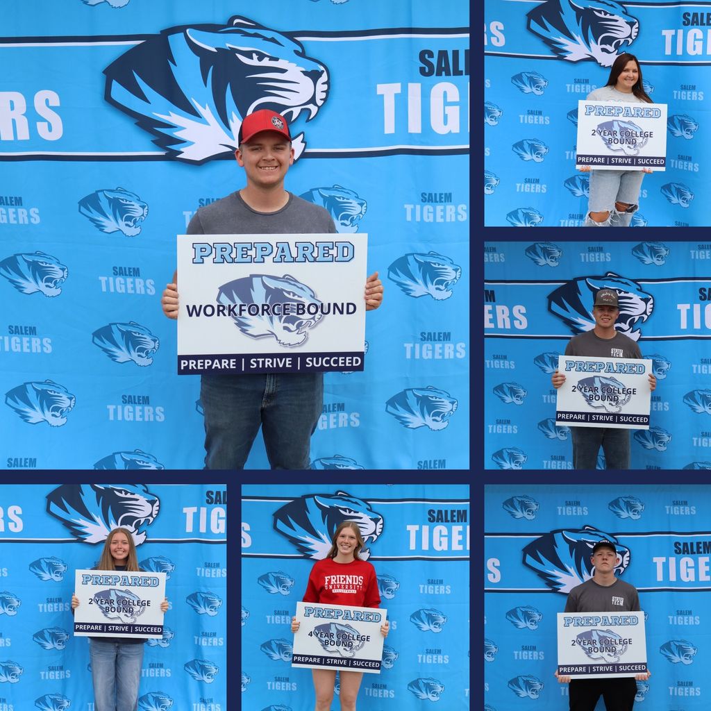 Edwin Ragsdale, Heather Easter, Hayden Ragsdale, Isaac Headrick, Addison Fulton,  and Regan Thompsonhold up photos declaring their post graduation plans in front of a blue Salem Tiger background.