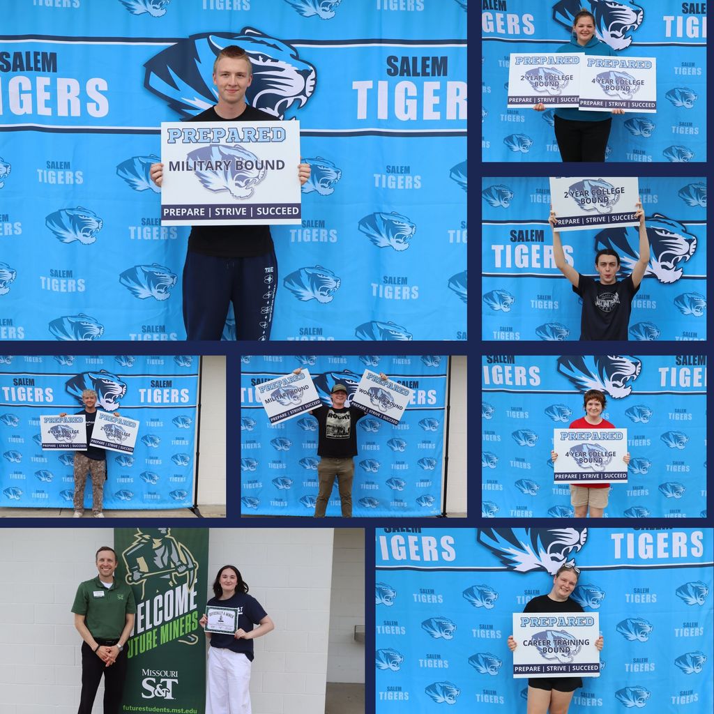  Jordin Sherman, Sylvia McDonald, Marshall White, Tabitha Dale, Titan Shepherd, Tanner O'Neail, Riely Remster, and Ashley Reed hold up photos declaring their post graduation plans in front of a blue Salem Tiger background.
