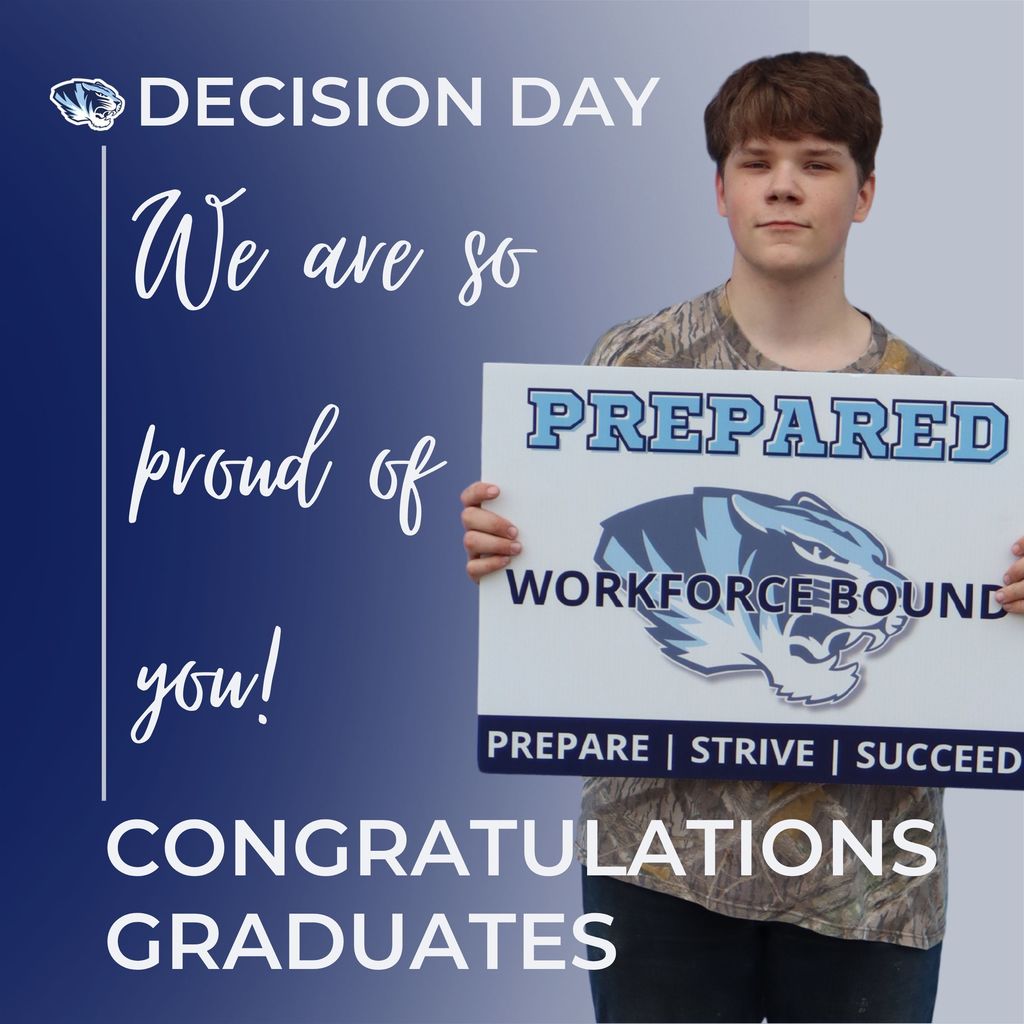 On a blue and white background, Daniel Gore holds a sign declaring he is workforce bound.