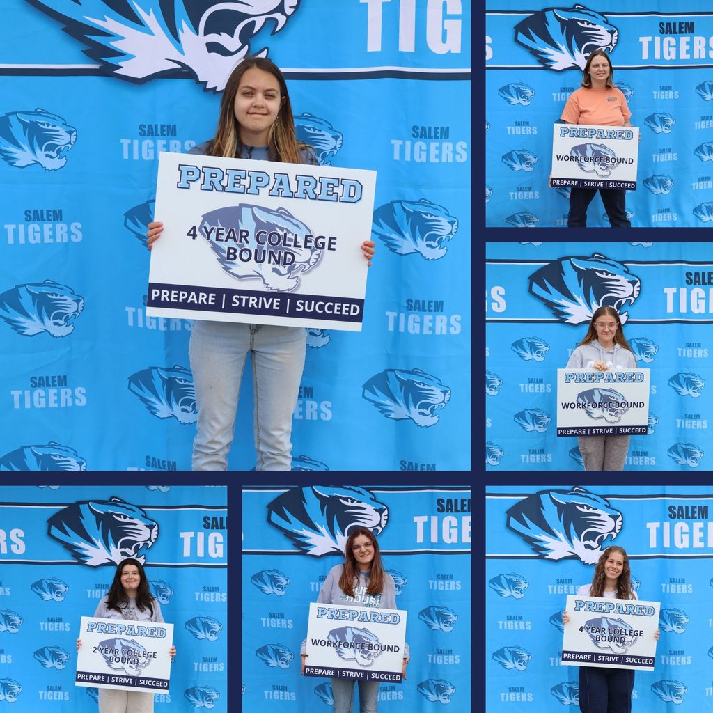 Serenity Skacall, Alexa Henson, Kylie Good, Clara Fernandez-Sanchez, Nevaeh Burnett, and Gabby Prewett hold up photos declaring their post graduation plans in front of a blue Salem Tiger background.