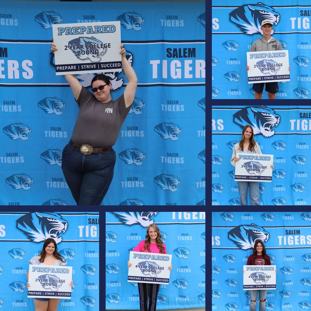 Isabella Black, Braiden Gapsch, Jessie Fulton, Shaylee Thompson, Alexis White, and Emylie Ballard hold up photos declaring their post graduation plans in front of a blue Salem Tiger background.
