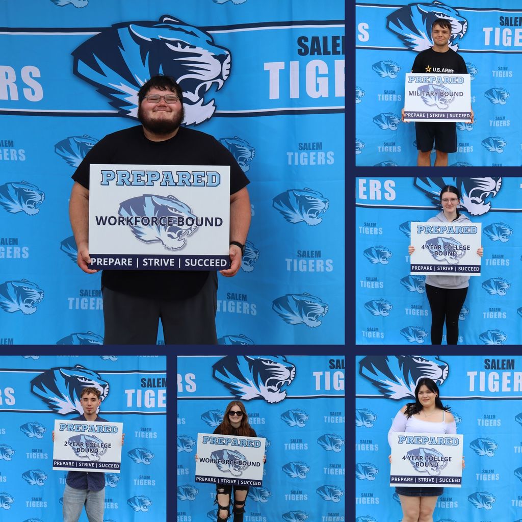 Austin Cunningham, Jayden Ard, Alexis Ditch, Brianna Williams, Madison Reese, and Noah Gerischer hold up photos declaring their post graduation plans in front of a blue Salem Tiger background.