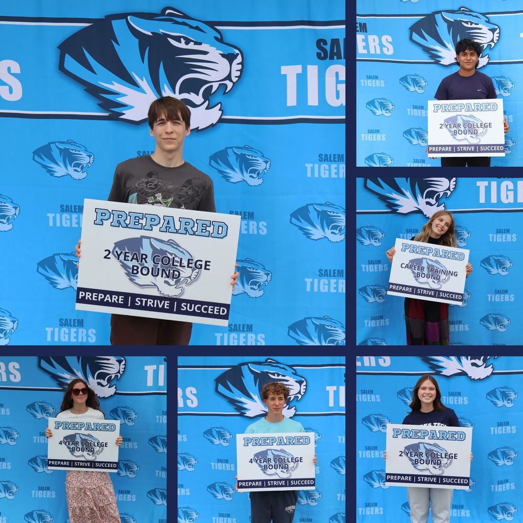 Phoenix Canaday, Osmar Ramirez-Briceno, Maggie Hogan, Abryanna Hawn, Ben Fabick, and Lizabeth Hendrixhold up photos declaring their post graduation plans in front of a blue Salem Tiger background.