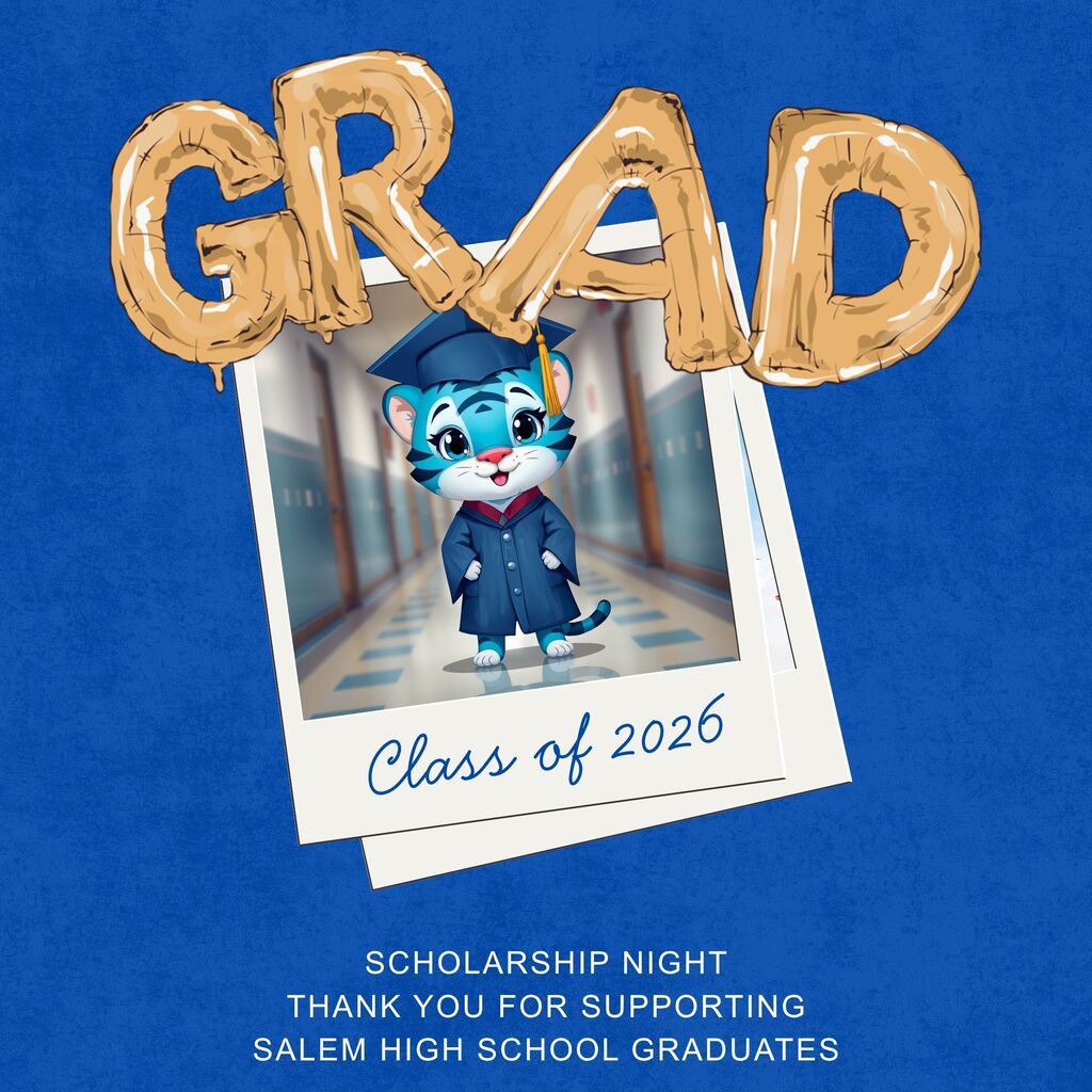 A cartoon blue tiger dressed in a graduation cap and gown is pictured in a poloroid picture frame with the word GRAD in balloon letters above it and Class of 2026 below it. The pictures that follow are from Senior Awards Night that was held on May 11, 2026.