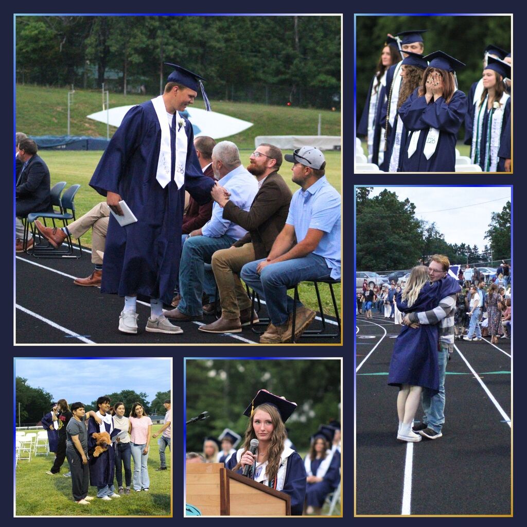 Candid photos of seniors at graduation. Students embracing, crying, and giving speeches. 