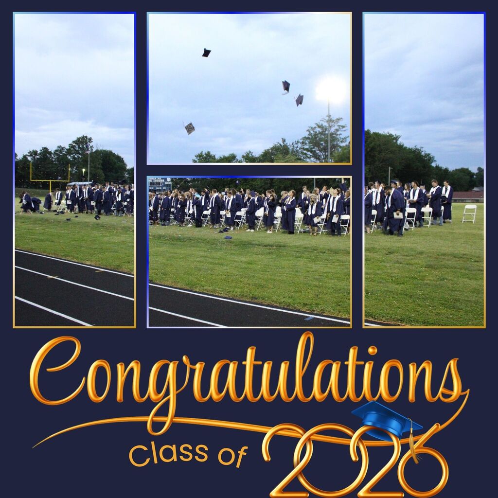 Congratulations Class of 2026! Seniors throwing their caps in the air. 