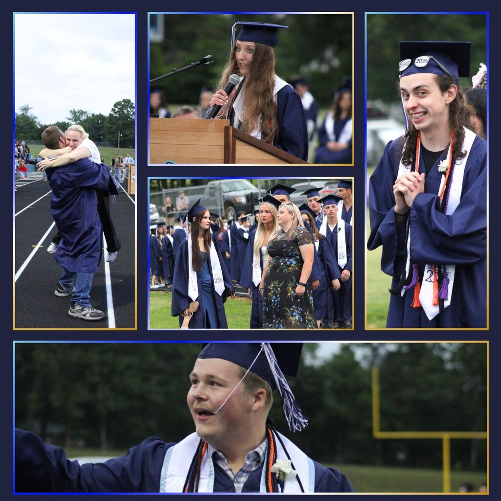 Candid photos of seniors at graduation. Students embracing, smiling, and giving speeches. 